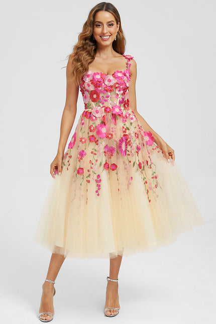 Trapèze col cœur longueur mollet dentelle floral robe de cocktail avec motif floral 3d - gallery 4