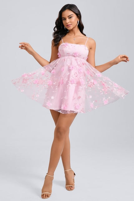 Trapèze col droit mini dentelle robe de bal de promo avec nœud fleurs - gallery 4