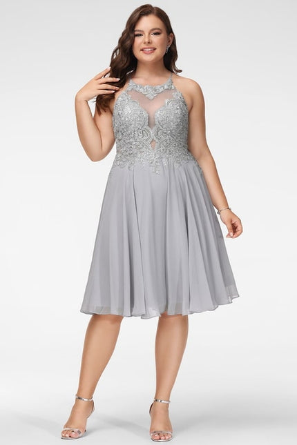 Trapèze col rond longueur genou dentelle mousseline robe de bal de promo avec paillettes - gallery 6