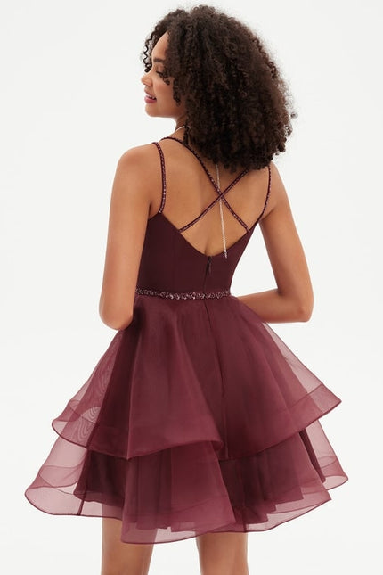 Trapèze col rond court organza robe de bal de promo avec perles paillettes - gallery 6