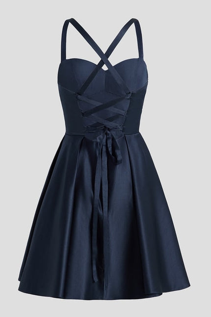 Trapèze col cœur court satin robe de bal de promo avec plissée - gallery 9