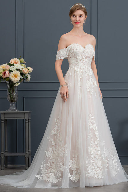 Princesse col cœur traîne balayage tulle dentelle robe de mariée - gallery 2