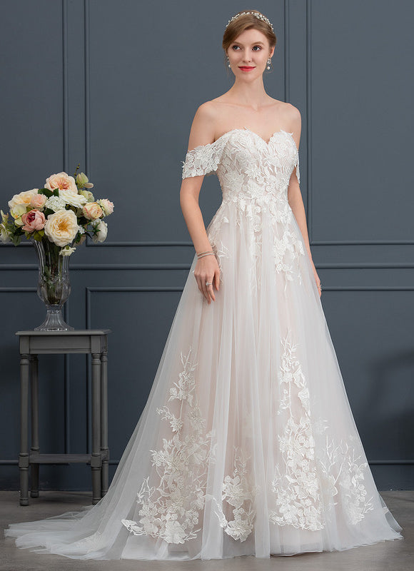Princesse col cœur traîne balayage tulle dentelle robe de mariée - gallery 2