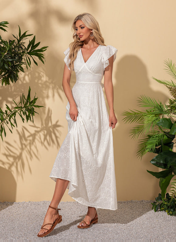 Robe à volants col v trapèze coton maxi - gallery 5