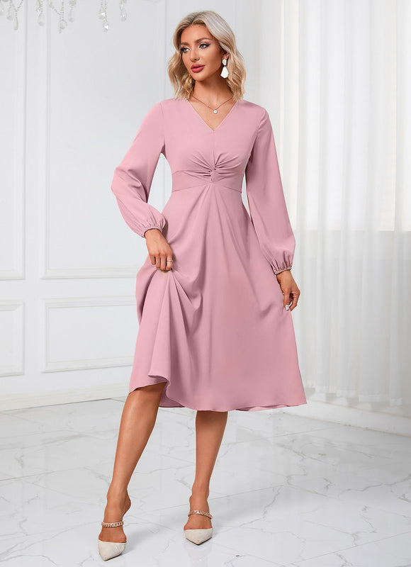 Robe nœud col v trapèze polyester midi - gallery 1