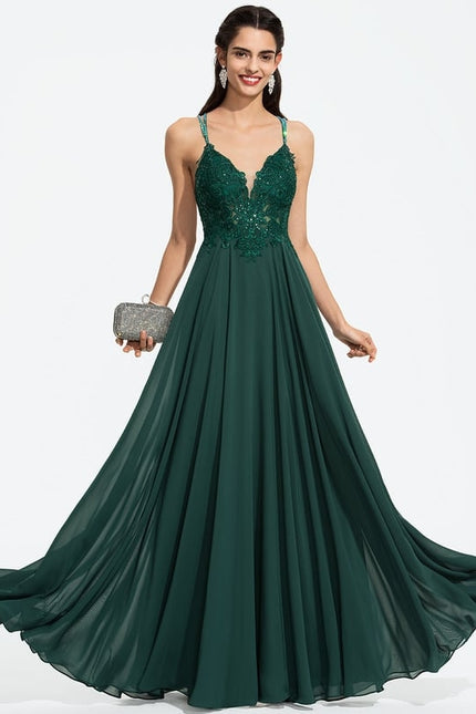 Trapèze col v longueur ras du sol mousseline robe de bal avec perles paillettes - gallery 6