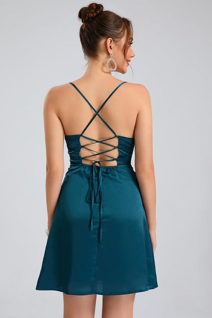 Trapèze col bénitier court satin de soie robe de bal de promo - gallery 3