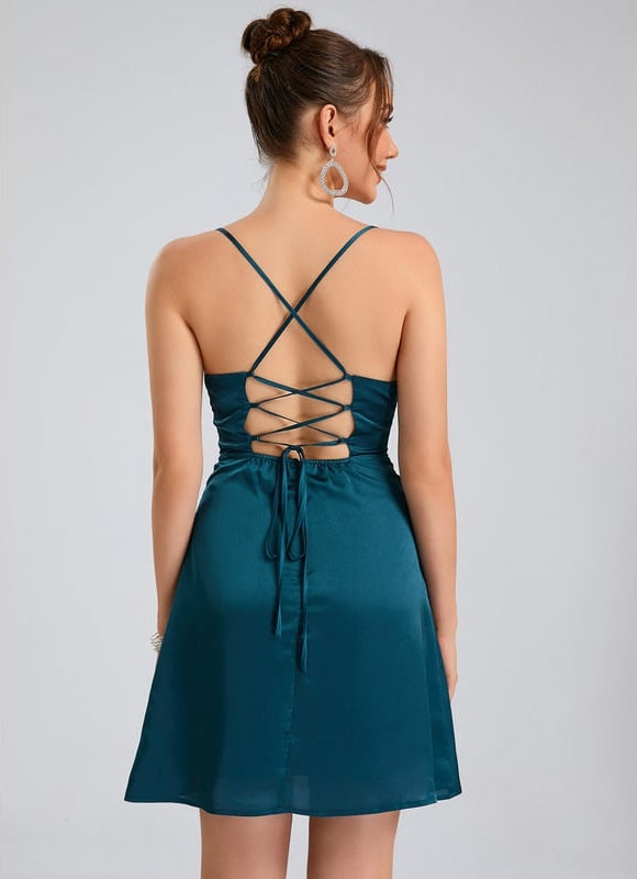 Trapèze col bénitier court satin de soie robe de bal de promo - gallery 3