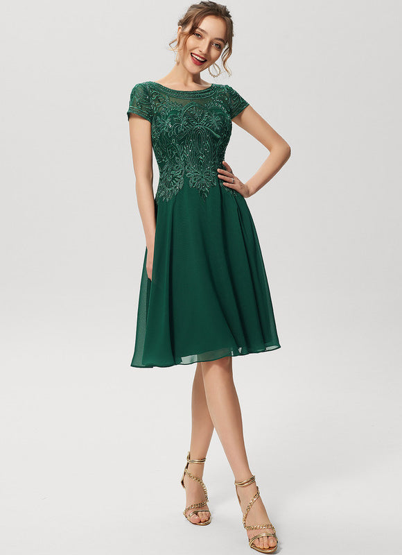 Trapèze col rond longueur genou dentelle mousseline robe de cocktail avec paillettes - gallery 3