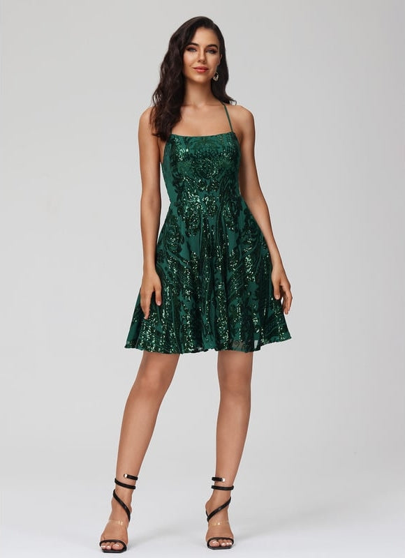 Trapèze col rond court paillette robe de bal de promo avec paillettes - gallery 7