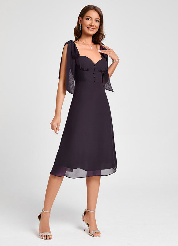 Trapèze col cœur longueur genou mousseline robe de cocktail - gallery 3