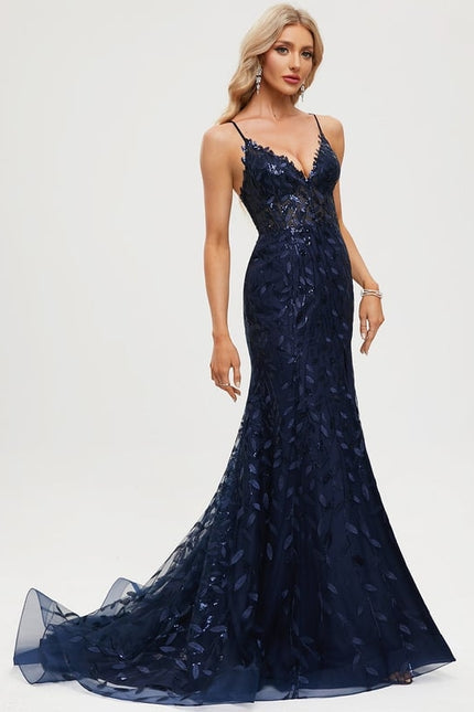Sirène col v traîne balayage dentelle robe de bal avec paillettes - gallery 1