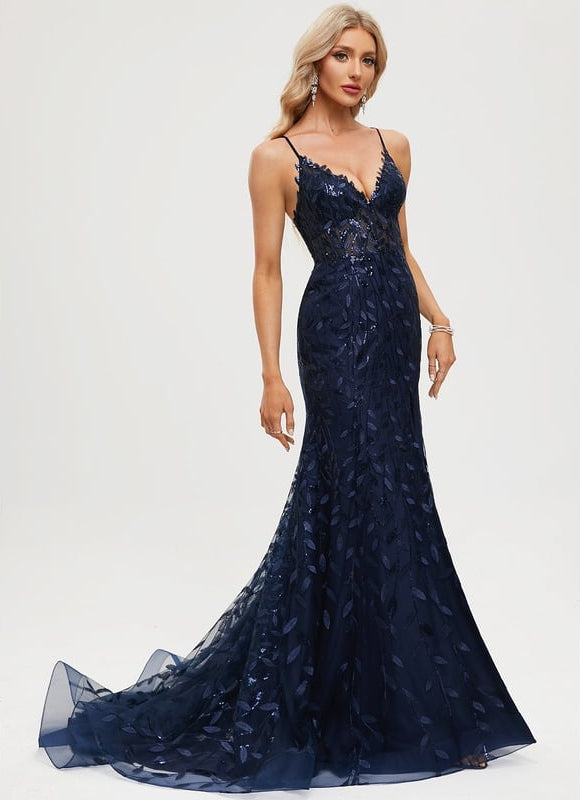 Sirène col v traîne balayage dentelle robe de bal avec paillettes - gallery 1