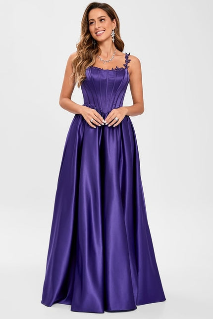 Princesse col rond longueur ras du sol satin robe de bal avec appliques de dentelle perles - gallery 3