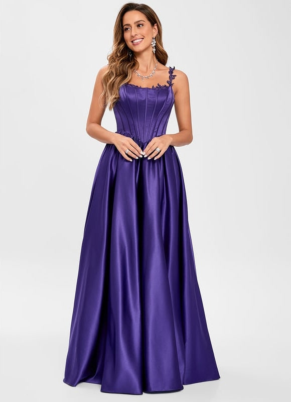 Princesse col rond longueur ras du sol satin robe de bal avec appliques de dentelle perles - gallery 3