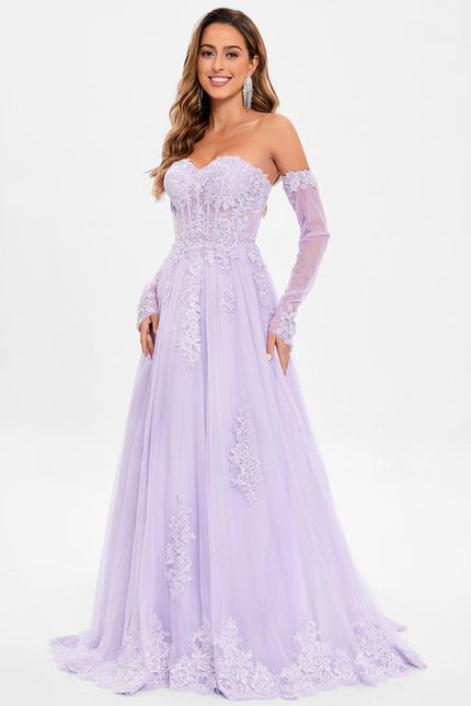 Trapèze col cœur traîne balayage tulle robe de bal avec paillettes appliques de dentelle - gallery 5