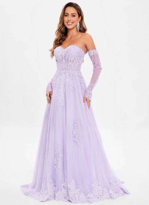 Trapèze col cœur traîne balayage tulle robe de bal avec paillettes appliques de dentelle - gallery 5