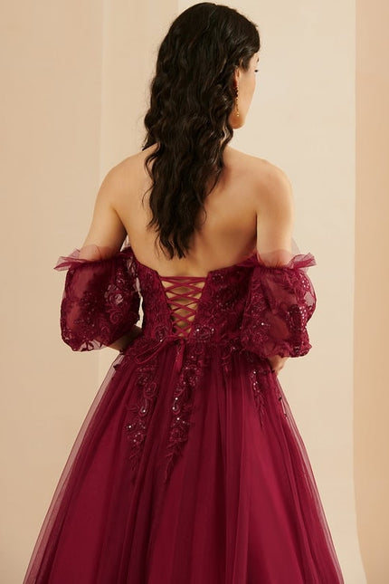 Princesse col cœur traîne balayage tulle robe de bal avec paillettes - gallery 6