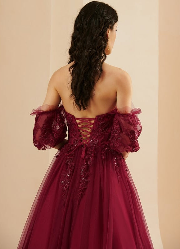Princesse col cœur traîne balayage tulle robe de bal avec paillettes - gallery 6