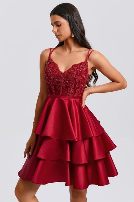 Princesse col v court satin robe de bal de promo avec paillettes appliques de dentelle perles - gallery 2