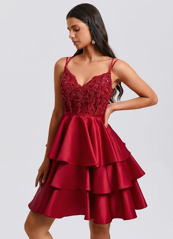 Princesse col v court satin robe de bal de promo avec paillettes appliques de dentelle perles - gallery 2