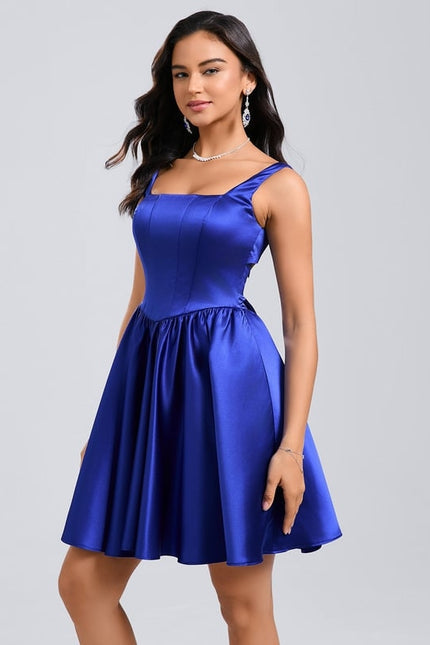 Trapèze col carré court satin robe de bal de promo avec nœud - gallery 3