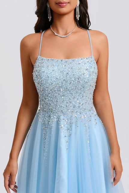 Trapèze col rond court tulle paillette robe de bal de promo avec paillettes perles - gallery 3