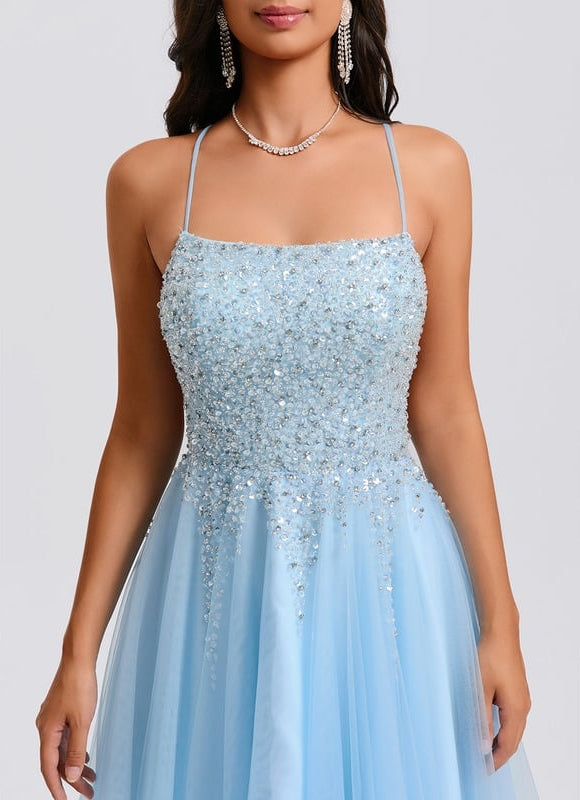 Trapèze col rond court tulle paillette robe de bal de promo avec paillettes perles - gallery 3