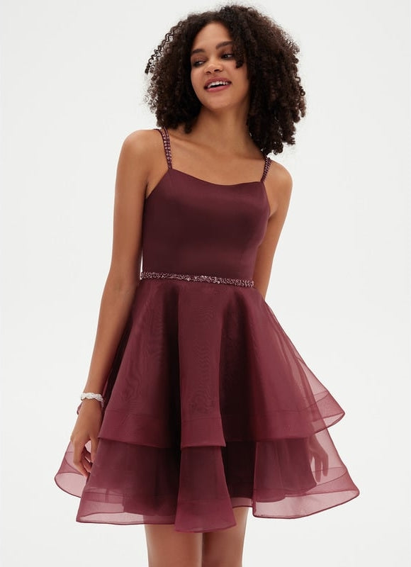 Trapèze col rond court organza robe de bal de promo avec perles paillettes - gallery 5