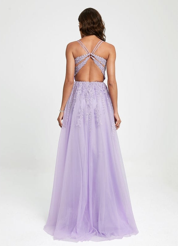 Princesse col rond traîne balayage tulle dentelle robe de bal avec paillettes - gallery 8