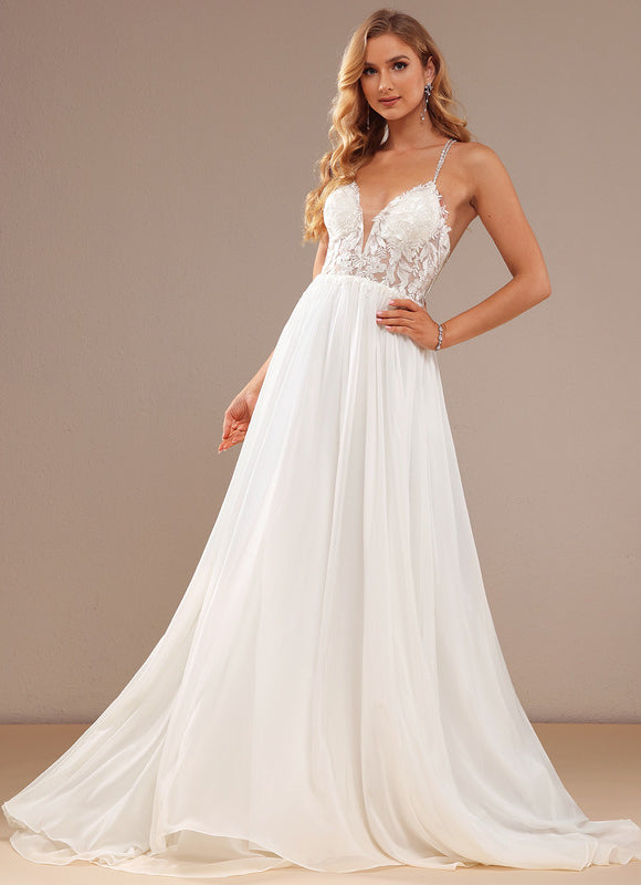 Trapèze col v traîne balayage mousseline dentelle robe de mariée avec perles paillettes - gallery 1