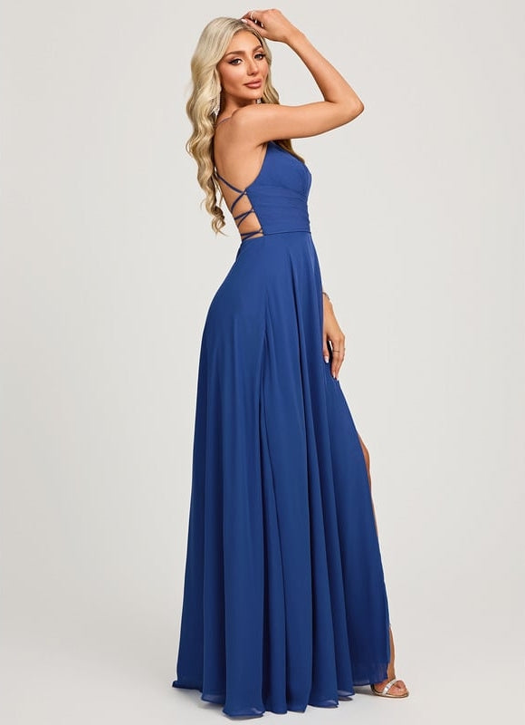 Trapèze col v longueur ras du sol mousseline robe de bal avec plissée - gallery 1