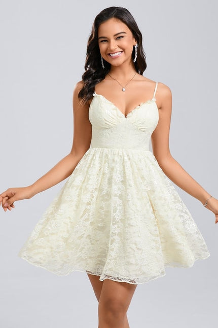 Trapèze col v court dentelle robe de bal de promo - gallery 1