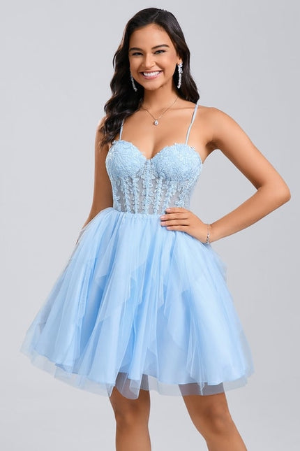 Princesse col cœur court tulle dentelle robe de bal de promo avec à volants - gallery 1