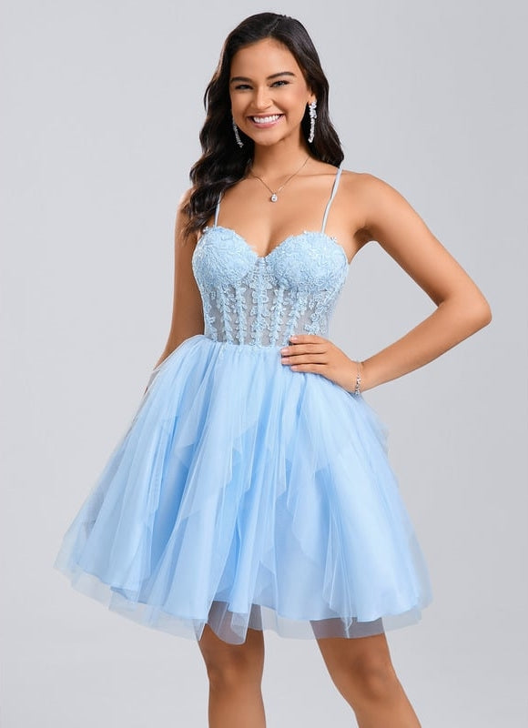 Princesse col cœur court tulle dentelle robe de bal de promo avec à volants - gallery 1
