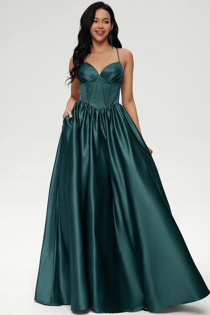 Princesse col v longueur ras du sol satin robe de bal avec plissée
