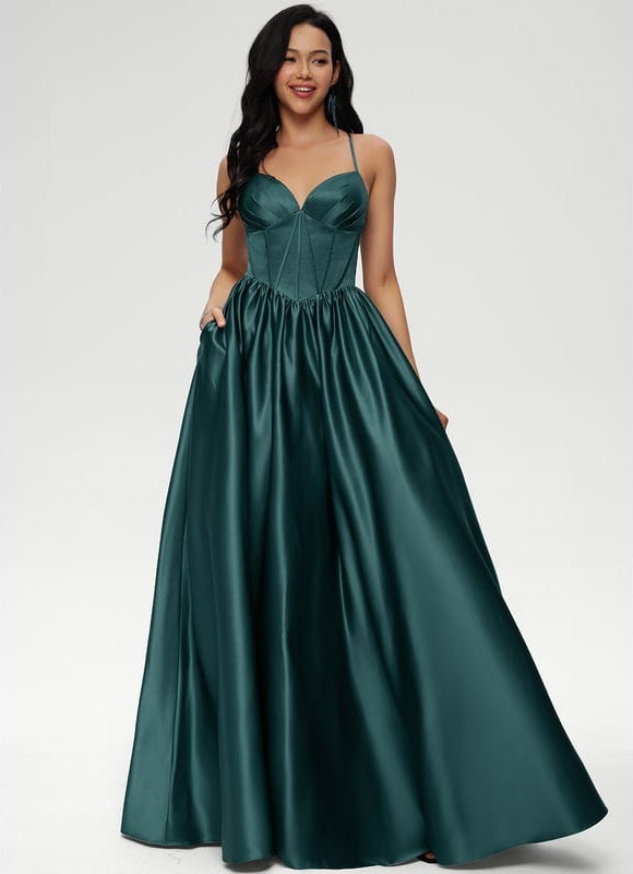 Princesse col v longueur ras du sol satin robe de bal avec plissée