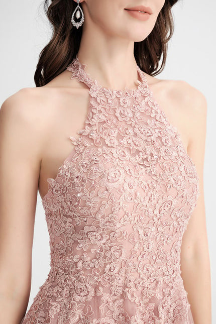 Trapèze col rond longueur genou tulle dentelle robe de bal de promo - gallery 4