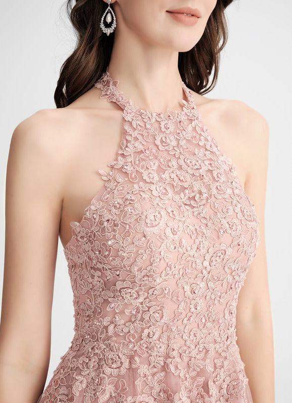 Trapèze col rond longueur genou tulle dentelle robe de bal de promo - gallery 4