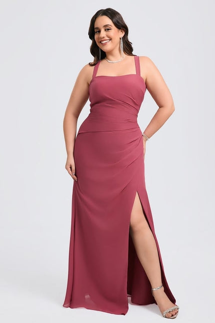 Trapèze col carré longueur ras du sol mousseline robe de demoiselle d'honneur - gallery 5