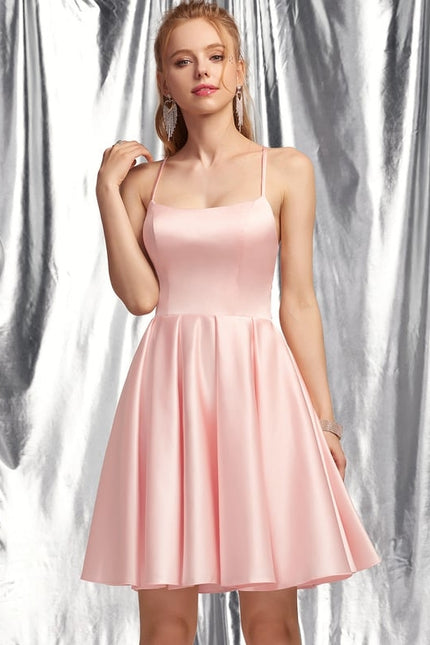 Trapèze col carré court satin robe de bal - gallery 4