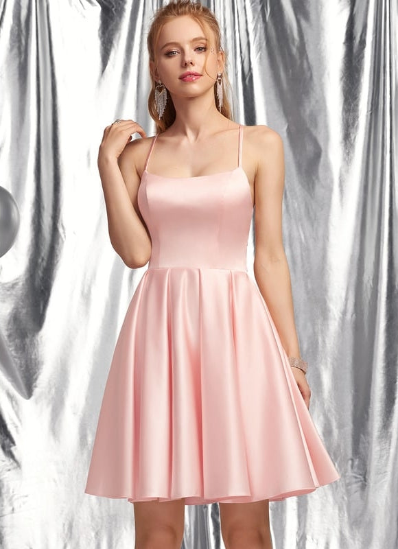 Trapèze col carré court satin robe de bal de promo - gallery 4