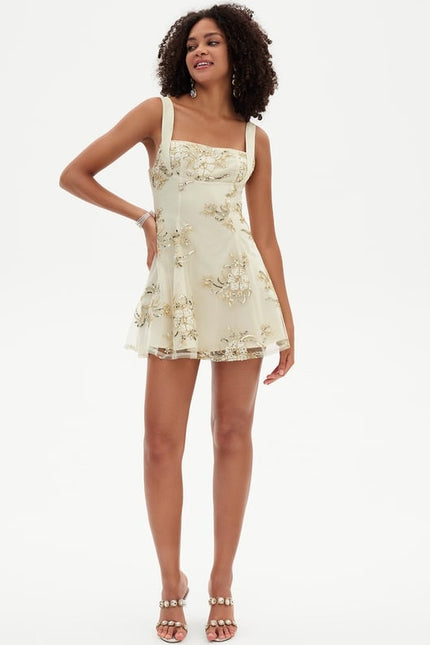 Trapèze col carré mini dentelle robe de bal de promo avec paillettes - gallery 2