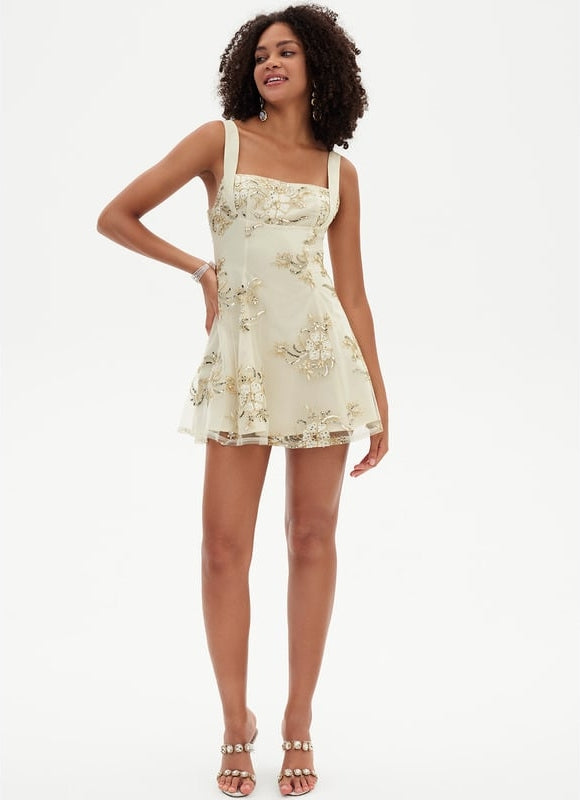 Trapèze col carré mini dentelle robe de bal de promo avec paillettes - gallery 2