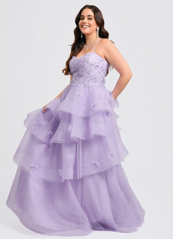 Princesse col cœur longueur ras du sol tulle robe de bal avec paillettes perles - gallery 9