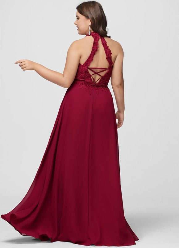 Trapèze licou longueur ras du sol dentelle mousseline robe de bal avec paillettes - gallery 6