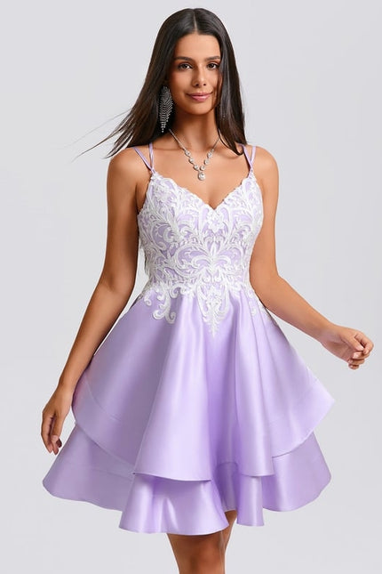 Trapèze col v court satin robe de bal de promo avec appliques de dentelle - gallery 3