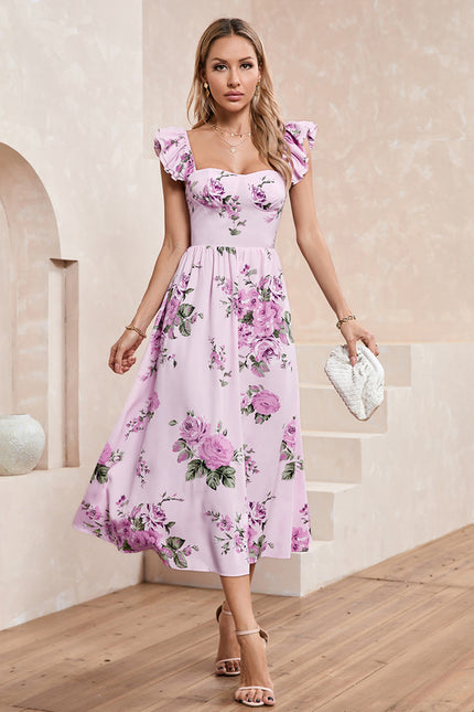Robe imprimé fleur col cœur trapèze polyester midi - gallery 5