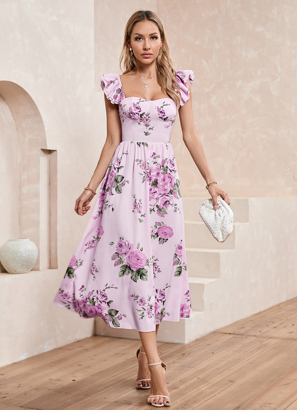 Robe imprimé fleur col cœur trapèze polyester midi - gallery 5