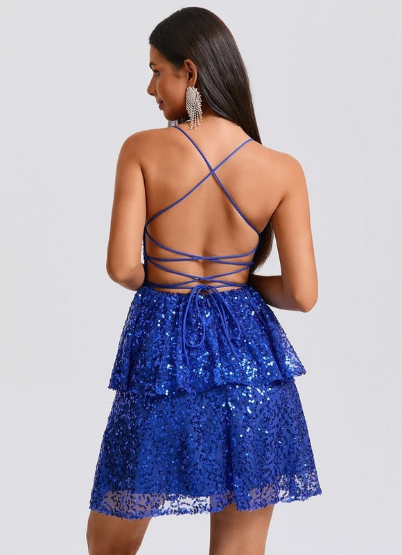 Trapèze col droit court paillette robe de bal de promo - gallery 5